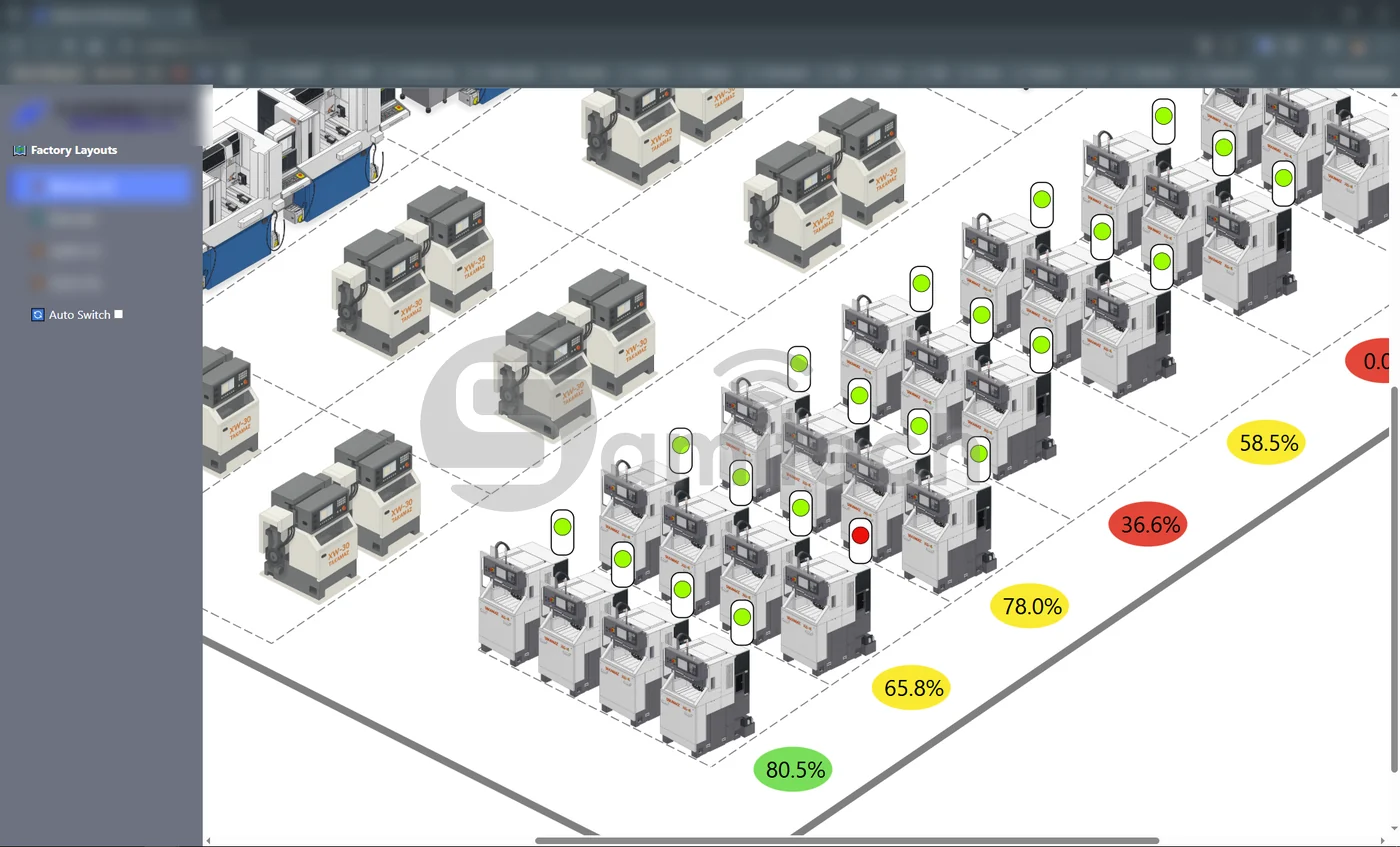 Mặt bằng xưởng dựng 3D với các máy tiện CNC, mỗi máy một chấm trạng thái xanh hoặc đỏ và một bóng số phần trăm OEE.