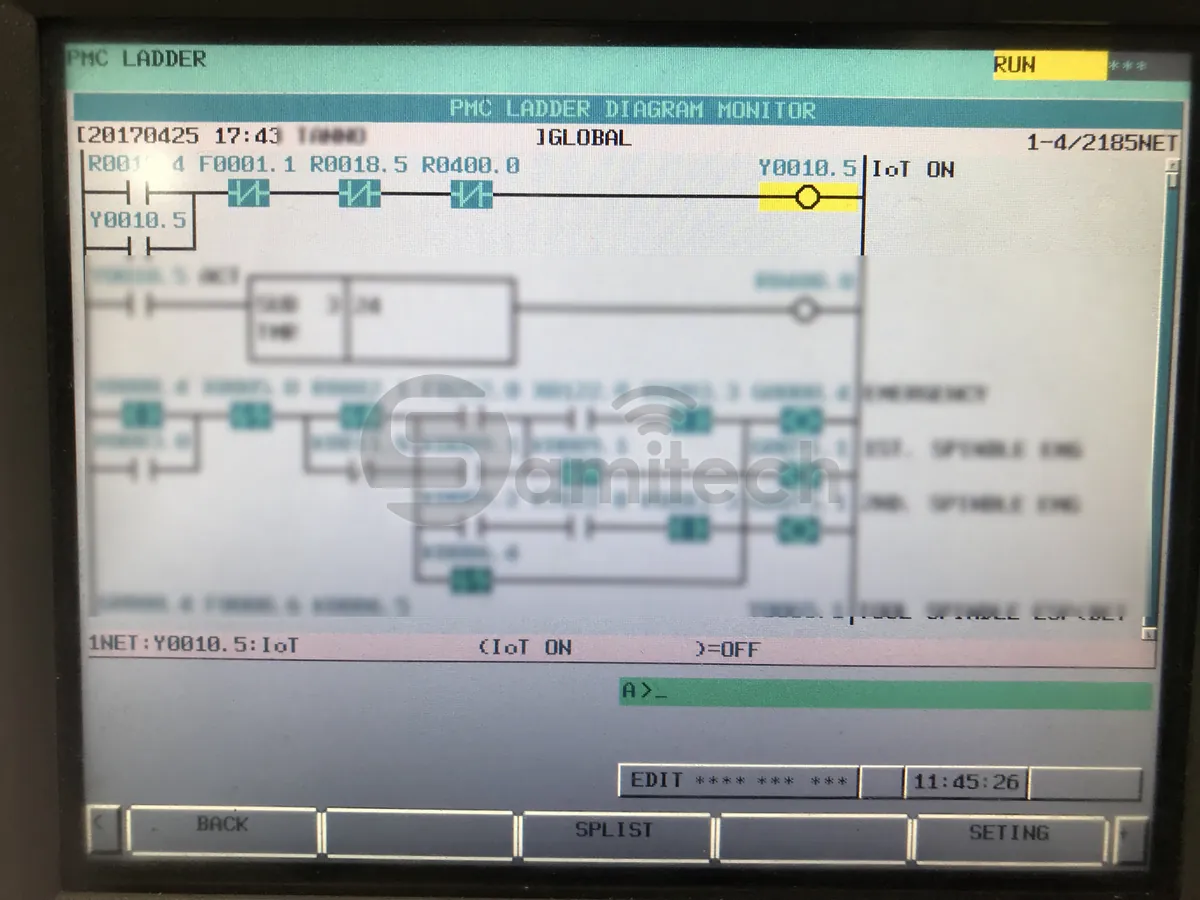Màn hình PMC Ladder của máy CNC đang chạy, nhánh Y0010.5 nhãn IoT ON sáng vàng ở dòng trên cùng.